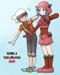  1girl blue_hair blush couple eyes_closed gradient gradient_background hood npc_trainer pokemon pokemon_oras team_magma team_magma_grunt team_magma_grunt_(remake) yuuki_(pokemon) 