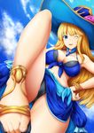  ;d awilda_(p&amp;d) bikini_top blonde_hair blue_eyes bol_(liliymimi) breasts cleavage cloud day feet from_below hat highres large_breasts long_hair one_eye_closed open_mouth puzzle_&amp;_dragons sandals sky smile solo swimsuit 