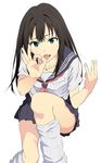  black_hair fellatio_gesture green_eyes highres idolmaster idolmaster_cinderella_girls jpeg_artifacts long_hair looking_at_viewer loose_socks middle_w ok_sign open_mouth pleated_skirt school_uniform serafuku sexually_suggestive shibuya_rin skirt socks solo tongue tongue_out w white_legwear yoshiki360 