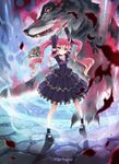  ange_vierge arms_up blue_eyes detached_sleeves dress fangs highres horns kankurou long_hair magic magic_circle mary_janes monster pink_hair scar shoes skull smile solo staff summoning twintails weapon wolf 