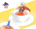  archer carnival_phantasm cup dark_skin dark_skinned_male fate/stay_night fate_(series) grail-kun lancer multiple_boys parody solo_focus sunday31 tea teacup terminator terminator_2:_judgement_day thumbs_up white_hair 