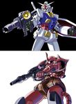  beam_rifle energy_gun gun gundam katahira_masashi machine_gun mecha mobile_suit_gundam rx-78-2 shield simple_background weapon zaku zaku_ii zaku_ii_s_char_custom 