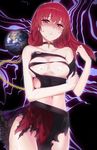  bad_id bad_twitter_id bare_shoulders blurry blush breasts chain collar convenient_censoring earth hecatia_lapislazuli jpeg_artifacts long_hair looking_at_viewer medium_breasts midriff navel no_hat no_headwear patata red_eyes red_hair shirt skirt solo sweat t-shirt tears torn_clothes torn_shirt torn_skirt touhou 