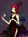  alternate_costume bad_id bad_pixiv_id bare_shoulders beikeice breasts choker cleavage dress earrings earth_(ornament) formal hecatia_lapislazuli jewelry medium_breasts moon_(ornament) red_eyes red_hair side_slit solo touhou 