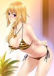  arms_behind_back bikini blonde_hair blush breasts charlotte_dunois cleavage highres infinite_stratos jewelry large_breasts leaning_forward lips long_hair looking_at_viewer navel necklace parted_lips purple_eyes side-tie_bikini smile solo striped striped_bikini swimsuit zucchini 
