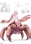  ario breasts carapace claws crab_girl extra_eyes fish grin long_hair monster_girl multiple_legs nipples nude orange_eyes original pincers pink_skin sharp_teeth small_breasts smile solo teeth white_hair 