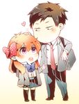  1girl bag black_hair black_legwear blazer bow brown_eyes chibi gekkan_shoujo_nozaki-kun hair_bow heart height_difference jacket lowres necktie nehan_(y-nehan) nozaki_umetarou open_mouth orange_hair petting polka_dot polka_dot_bow purple_eyes rouman_academy_uniform sakura_chiyo school_bag school_uniform 