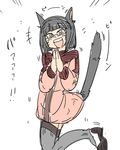  :d animal_ears bangs black_hair blunt_bangs blush bob_cut cat_ears cat_tail dress eyebrows_visible_through_hair facial_mark final_fantasy final_fantasy_xiv from_side glasses grey_eyes grey_legwear hairband hamoya hands_together hands_up happy leg_lift long_sleeves lowres miqo'te motion_lines nashu_mhakaracca open_mouth pink_dress rimless_eyewear short_dress short_hair simple_background sketch smile solo stiff_tail tail thighhighs translated turtleneck twisted_torso whisker_markings white_background zettai_ryouiki 