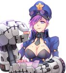  amado_(shin) bad_id bad_twitter_id breasts cleavage crumbs doughnut eating eyewear_on_head food gauntlets hair_over_one_eye hat large_breasts league_of_legends messy necktie officer_vi pink_hair police police_uniform policewoman solo sunglasses uniform vi_(league_of_legends) 