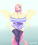  2015 absurd_res anthro anthrofied big_breasts breasts clothing ear_piercing equine female fluttershy_(mlp) friendship_is_magic fur hair hair_over_eye hi_res huge_breasts hyper hyper_breasts legwear mammal my_little_pony pegasus piercing pink_hair plankboy smile solo stockings teal_eyes wings yellow_fur 