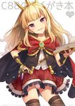  ass_visible_through_thighs bad_id bad_pixiv_id blonde_hair blush book bracelet bracer cagliostro_(granblue_fantasy) cameltoe cape granblue_fantasy grin hairband hand_on_hip jewelry long_hair panties pink_eyes skindentation skirt smile taishou_tanaka test_tube thighhighs underwear vial 