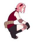  black_gloves commentary completion_time elbow_pads fanny_pack from_side full_body gloves hairband haruno_sakura knee_pads naruto naruto_(series) naruto_shippuuden open_toe_shoes pink_hair shivi_martin shoes short_hair shorts solo squatting transparent_background 