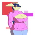  amphibian anthro big_breasts breasts cleavage clothed clothing female frog greninja jeans keyhole_turtleneck neoma nintendo pok&eacute;mon red_eyes solo sweater video_games xehta13 
