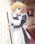  blonde_hair book breasts broom chandelier folded_ponytail green_eyes harem_gain holding_mop kishi_nisen large_breasts long_hair maid maid_headdress official_art open_mouth portrait_(object) smile solo watermark window 