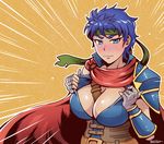  akairiot bad_id bad_tumblr_id between_breasts blue_eyes blue_hair blush breasts cape cleavage cleavage_reach commentary corset emphasis_lines eyebrows fire_emblem fire_emblem:_souen_no_kiseki full-face_blush genderswap genderswap_(mtf) hand_wraps headband ike large_breasts looking_at_viewer pauldrons short_hair solo strap_cleavage 