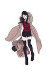  1girl alternate_hair_length alternate_hairstyle backpack bag black_hair black_legwear cloak eyes_closed full_body highres long_hair naruto ninja no_glasses open_toe_shoes sash shivi_martin shoes shorts simple_background solo thighhighs uchiha_sarada zettai_ryouiki 