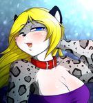  2015 anthro black_fur black_nose blonde_hair blue_eyes blush breasts cleavage clothed clothing collar feline female fur grey_fur hair hi_res leopard long_hair looking_at_viewer mammal one_eye_closed open_mouth ryousakai shirt smile solo spots tongue white_fur 