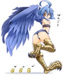  ahoge ass bird blue_hair blue_wings breasts chick denim denim_shorts feathered_wings feathers following full_body harpy highres karukan_(monjya) md5_mismatch monster_girl monster_musume_no_iru_nichijou navel orange_eyes papi_(monster_musume) scales shadow short_shorts shorts simple_background small_breasts solo talons translated white_background wings 