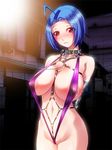  ahoge areola_slip areolae arms_behind_back bdsm blue_hair blush breasts collar covered_nipples gigantic_breasts harness idolmaster idolmaster_(classic) leash miura_azusa nakano_kinzan red_eyes short_hair slingshot_swimsuit solo swimsuit 