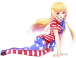  american_flag_dress american_flag_legwear bad_id bad_twitter_id blonde_hair clownpiece full_body long_hair looking_at_viewer no_hat no_headwear open_mouth pantyhose patata pink_eyes print_legwear shoes short_sleeves simple_background skirt smile solo touhou white_background 