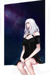  absurdres bare_shoulders black_dress breasts cleavage commentary detached_sleeves dress early_type grey_eyes halterneck highres lips makeup mascara medium_breasts nose original pale_skin sitting sky solo star_(sky) starry_sky white_hair windowsill 