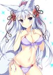  animal_ears bikini blue_eyes breasts cleavage erune granblue_fantasy hands_on_own_chest large_breasts long_hair looking_at_viewer navel purple_bikini side-tie_bikini silver_hair socie_(granblue_fantasy) swimsuit tail tateha_(marvelous_grace) wolf_ears wolf_tail 