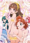  akagi_towa amanogawa_kirara aqua_hair aritou ass ass_pillow blue_eyes breasts brown_hair dress earrings go!_princess_precure hairband haruno_haruka hug jewelry kaidou_minami long_hair multiple_girls nipples nude precure purple_eyes red_eyes red_hair small_breasts smile sweatdrop v yuri 