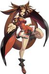  bare_shoulders boots breasts brown_eyes brown_hair china_dress chinese_clothes detached_sleeves dress guilty_gear guilty_gear_xrd hair_ornament kuradoberi_jam large_breasts leg_up legs long_hair miniskirt official_art open_hands open_mouth skirt smile solo very_long_hair 