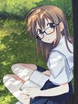  :o black-framed_eyewear book brown_eyes brown_hair commentary_request glasses highres long_hair looking_at_viewer original reading school_uniform serafuku sitting solo tree_shade yokozuwari yuuki_keisuke 