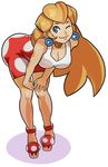  bare_shoulders bent_over blonde_hair blue_eyes borrowed_design breasts cleavage earrings highres jewelry large_breasts lips long_hair mario_(series) necklace one_eye_closed princess_peach simple_background skirt smile solo splashbrush super_mario_bros. white_background 