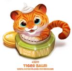  2018 ambiguous_gender blue_eyes cryptid-creations english_text feline feral fur humor jar liniment looking_at_viewer mammal open_mouth orange_fur pun simple_background solo text tiger tiger_balm visual_pun white_background white_fur 
