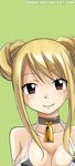  1girl bell blonde_hair blush bra breasts brown_eyes collar cow_bell cow_print fairy_tail form lucy_heartfilia simple_background smile solo taurus_form underwear 