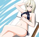  absurdres bikini black_bikini blonde_hair blush breasts cleavage crossed_legs green_eyes groin heinrike_prinzessin_zu_sayn-wittgenstein highres hiroshi_(hunter-of-kct) large_breasts navel noble_witches smile solo swimsuit world_witches_series 