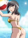  ass ball beachball bikini black_hair blush breasts brown_eyes from_behind ichijou_hotaru kororofu long_hair looking_at_viewer non_non_biyori one_eye_closed open_mouth smile solo swimsuit water wet 