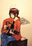  acoustic_guitar angel_wings box brown_eyes brown_hair crossed_legs denim guitar haibane_renmei halo hood hoodie instrument jeans messy_hair music pants photo playing_instrument rakka short_hair sitting solo static_cling traditional_media twitter_username wings wooden_box yasu_(shijimi_8) 