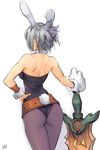  amado_(shin) animal_ears ass back backless_outfit bad_id bad_twitter_id battle_bunny_riven black_legwear broken broken_sword broken_weapon bunny_ears bunny_girl bunnysuit hand_on_hilt hand_on_hip league_of_legends pantyhose riven_(league_of_legends) solo sword weapon 