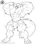  anthro black_and_white bulge canine clothed clothing eyewear flexing glasses huge_muscles male mammal monochrome muscular muscular_male patreon pecs siriusdog solo standing topless 