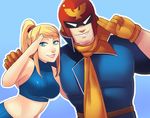  1girl alternate_costume arm_around_shoulder bangs blonde_hair blue_eyes bodysuit breasts captain_falcon crossover f-zero gloves gradient gradient_background greenmarine heart helmet high_collar lips metroid midriff navel nintendo nose ponytail salute samus_aran scarf sidelocks smile sports_bra super_smash_bros. swept_bangs two-finger_salute 