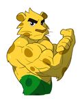  anthro biceps big_muscles black_eyes feline flexing fur ginga green_fur half-length_portrait jaguar looking_at_viewer mammal mascot multicolored_fur muscles olympics ripped-saurian serious_face simple_background solo spots spotted_fur two_tone_fur white_background yellow_fur 