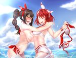  ara_han ass assisted_exposure bikini bikini_top_removed black_hair blush braid breasts closed_eyes clothes_theft covering covering_breasts covering_nipples elesis_(elsword) elsword embarrassed fi-san highres humiliation large_breasts long_hair multiple_girls open_mouth red_hair short_hair side-tie_bikini smile swimsuit swimsuit_theft tears theft topless wading yellow_eyes 