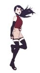  1girl alternate_hair_length alternate_hairstyle black_hair black_legwear blood cuts full_body highres holding_stomach injury long_hair naruto naruto_shippuuden ninja no_glasses older open_toe_shoes purple_eyes shivi_martin shoes shorts shorts_under_skirt simple_background skirt solo symbol-shaped_pupils thighhighs transparent_background uchiha_sarada zettai_ryouiki 