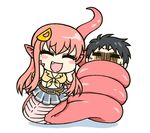  1girl :d black_hair blush_stickers chibi closed_eyes commentary_request constriction fang hair_ornament hairclip hands_on_own_cheeks hands_on_own_face iriomote kurusu_kimihito lamia long_hair miia_(monster_musume) monster_girl monster_musume_no_iru_nichijou open_mouth pointy_ears red_hair shirt short_hair simple_background smile snake_bondage sweat tied_shirt white_background 
