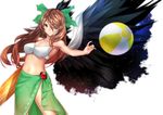  ankh_(ankh_05) arm_cannon ball beachball bikini black_wings brown_hair cape hair_ornament hair_over_one_eye hair_ribbon highres long_hair looking_at_viewer md5_mismatch midriff navel red_eyes reiuji_utsuho ribbon sarong simple_background smile solo swimsuit touhou weapon white_background wings 