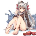  amatsukaze_(kantai_collection) bad_id bad_twitter_id bangs bare_legs barefoot black_panties blush brown_eyes choker collarbone dress full_body grey_hair hair_between_eyes hair_tubes kantai_collection long_hair long_sleeves looking_away miya_(tokumei) panties pantyshot pantyshot_(sitting) playing_with_own_hair pout rensouhou-kun sailor_dress shoes_removed simple_background sitting sketch solo thighs toe-point toe_scrunch tsurime two_side_up underwear white_background windsock 