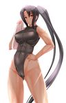  black_hair breasts brown_eyes competition_swimsuit highres kantai_collection large_breasts long_hair nachi_(kantai_collection) one-piece_swimsuit rokushiru_(muzai-p) side_ponytail standing swimsuit towel 