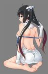  ass bare_back barefoot black_hair blue_eyes blue_ribbon breasts dre dress dungeon_ni_deai_wo_motomeru_no_wa_machigatteiru_darou_ka gloves grey_background hair_half_undone hair_ribbon hestia_(danmachi) large_breasts long_hair looking_at_viewer looking_back rei_no_himo ribbon sideboob sitting solo twintails untying white_dress white_gloves 