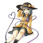  arm_support bad_id bad_pixiv_id blouse boots frilled_sleeves frills green_eyes hand_in_hair hat hat_ribbon heart heart_of_string komeiji_koishi leaning_to_the_side long_sleeves looking_at_viewer open_mouth ribbon short_hair silver_hair simple_background sitting skirt solo third_eye touhou white_background yumegi_(bitter_orange215) 