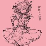  bandages bun_cover chinese_clothes double_bun egawa_satsuki flower ibaraki_kasen monochrome one_eye_closed pointing pointing_at_viewer rose short_hair solo tabard touhou translation_request 