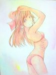  arched_back ass bikini bow breasts brown_hair cowboy_shot from_side hair_bow hair_tubes hakurei_reimu hand_in_hair hand_on_head long_hair looking_at_viewer looking_to_the_side pink_background pose red_bikini small_breasts solo swimsuit touhou traditional_media watercolor_(medium) yuyu_(00365676) 