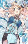  :d ayase_eli bare_shoulders blonde_hair blue_eyes blue_gloves blue_legwear character_name fingerless_gloves flower gloves hair_flower hair_ornament love_live! love_live!_school_idol_project mins_(minevi) open_mouth ribbon smile solo striped striped_legwear vertical-striped_legwear vertical_stripes wrist_ribbon 